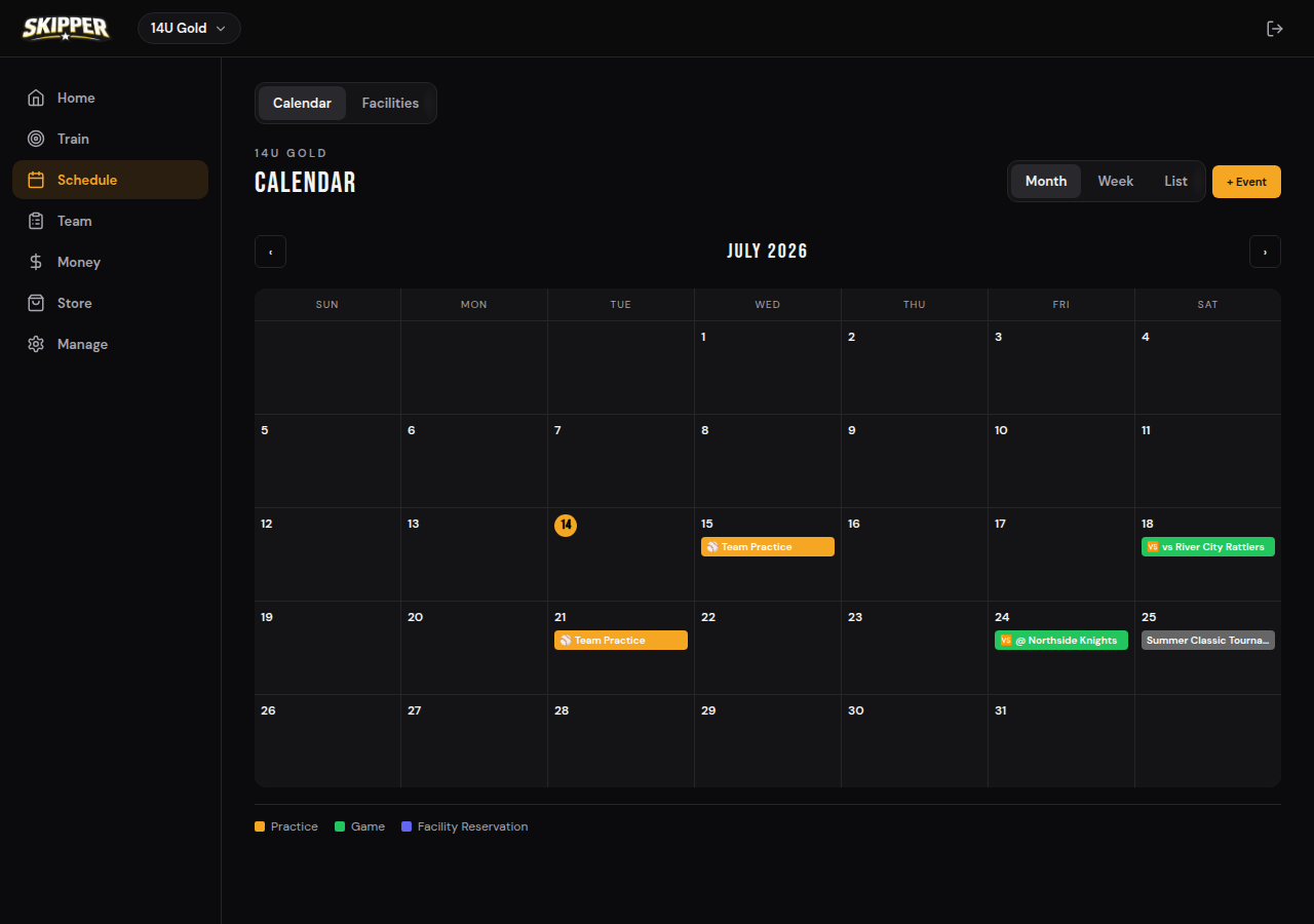 A month calendar with practices, games, and a tournament scheduled