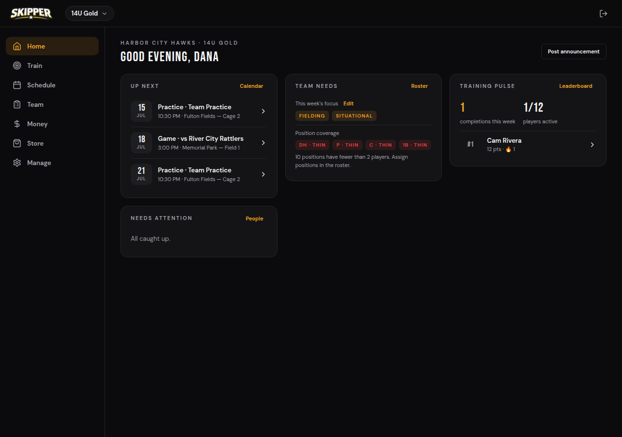 Skipper coach home screen showing the upcoming schedule, team needs, and training activity