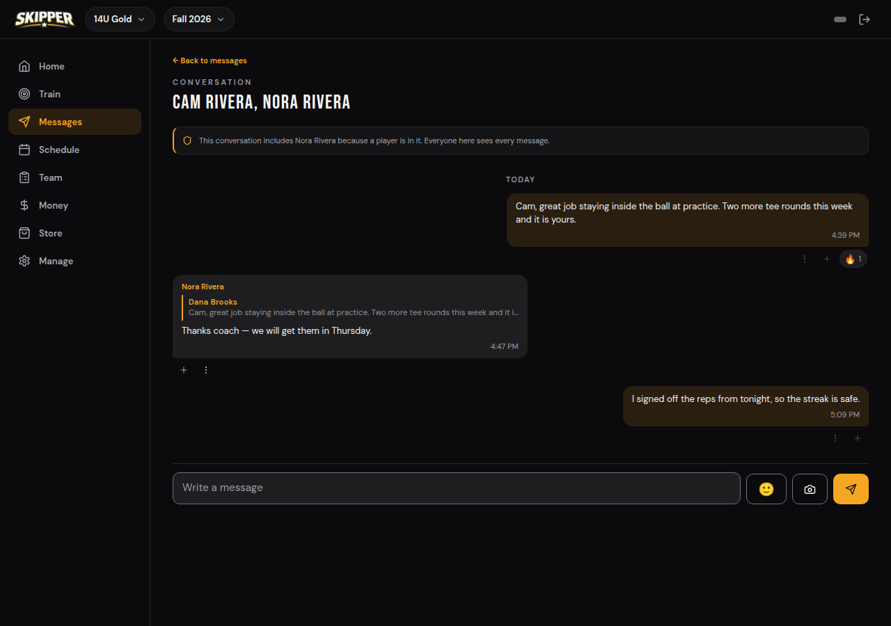 A coach-to-player conversation in Skipper, with a banner explaining that the player's parent is in the thread and everyone sees every message