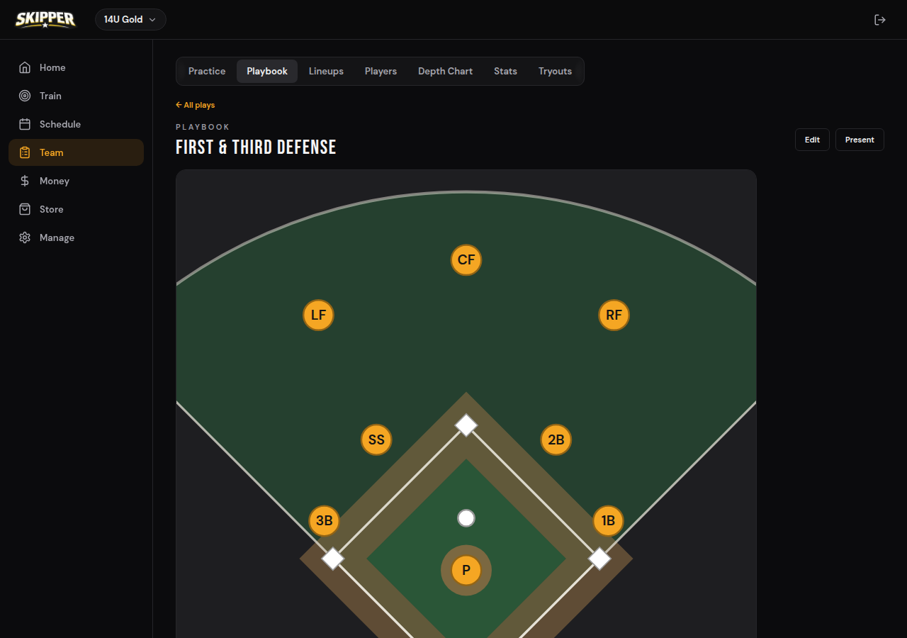 The animated playbook showing a baseball field with positioned defenders