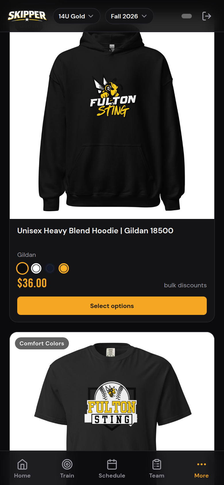 A team store in Skipper showing a club-logo hoodie with colour options and bulk discounts